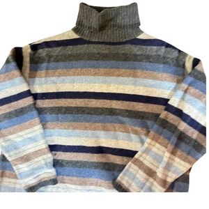 Limited Striped Turtleneck Sweater Women's L Lambswool Blend Blue Brown Gray